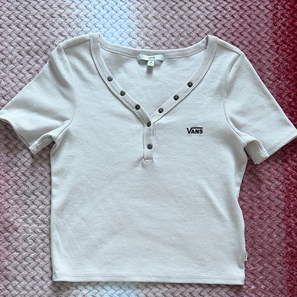 Vans White Ribbed Snap V-Neck Crop Top